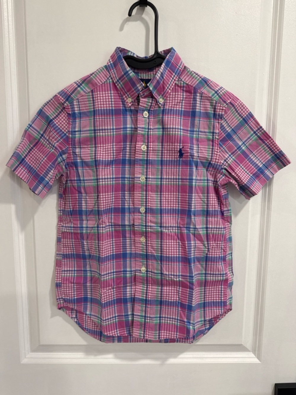 Polo Ralph Lauren Boys  8 Pink Blue Plaid Button Down Shirt Preppy Short Sleeve